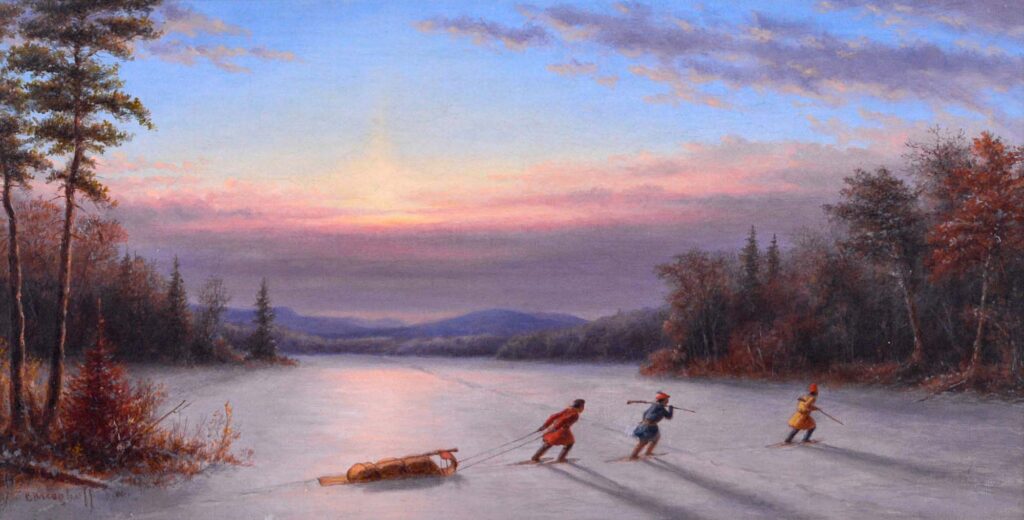 Indians crossing a frozen lake at sunset